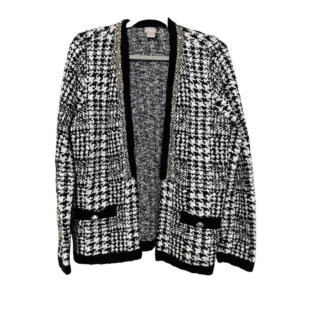 Chico's 2 L Houndstooth Designer Glam Black White Cardigan Sweater Embellished